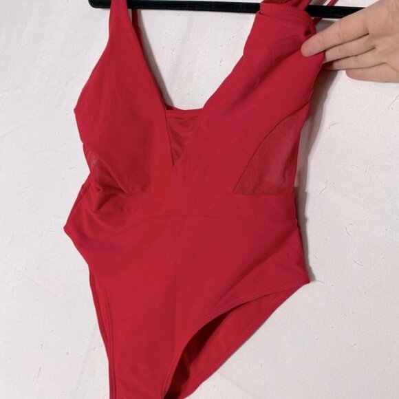 TiniBikini Red One Piece Swimsuit Bathing Suit With Sheer Mesh Cutouts S - Picture 3 of 13